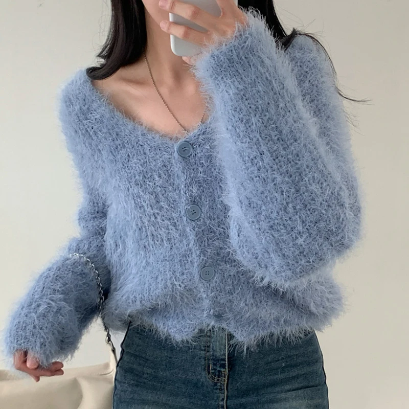 Imagem -04 - Elegante Cardigan Mohair Feminino Decote em v Manga Comprida Jaqueta de Pele Elástico Outwear Básico Cabolsa Roupas Ha481