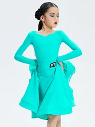 Children Latin Dance Competition Clothing Girls Long Sleeves Dress Suit Cha Cha Rumba Samba Practice Training Dress DNV17819