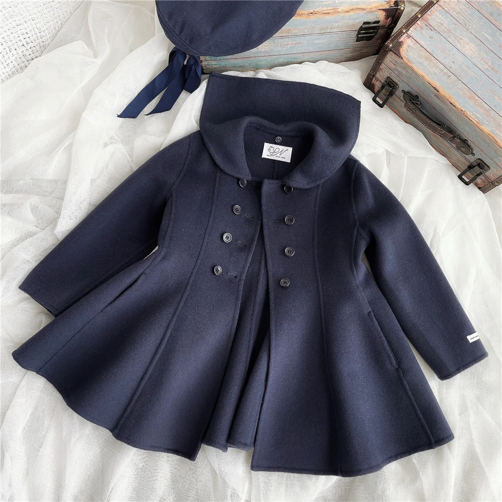 

Vintage 100% Wool Double-sided Cashmere Handmade Children's Skirt Navy Collar Coat Kids Boutique Christmas Warm Jacket