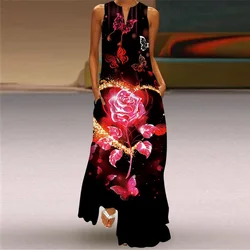 3D Floral Printed Women Dress Summer Vintage V-neck Sleeveless Loose Maxi Dress Elegant Casual Ladies Party Dresses Vestidos