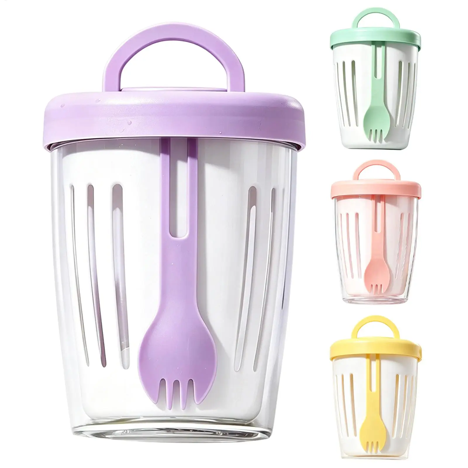 Yogurt Cups With Lids Double Wall Salad Cup Portable Leak Proof Oat Container With Fork&Handle Drain Fruit Cup Breakfast Cup