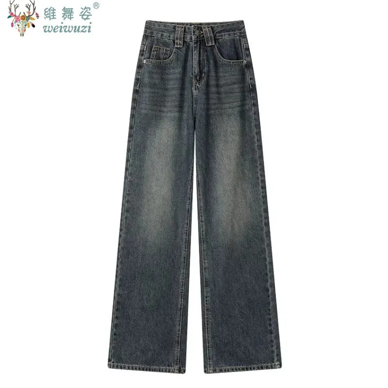 

New Vintage Female High Waist Long Jeans American Style Straight Wide Leg Leisure Pants Autumn Fashion High Street Retro Elegent