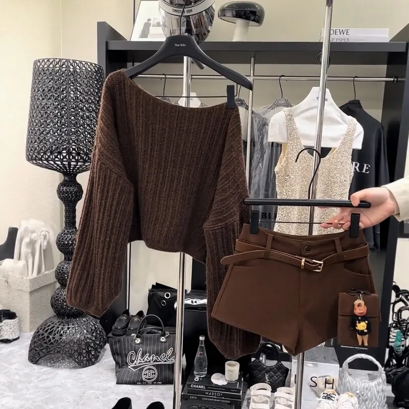 Shoulder Bared Knitted Sweater Women's Coffee Color Slimming Style Versatile Top American Style Online Exclusive Autumn New A...