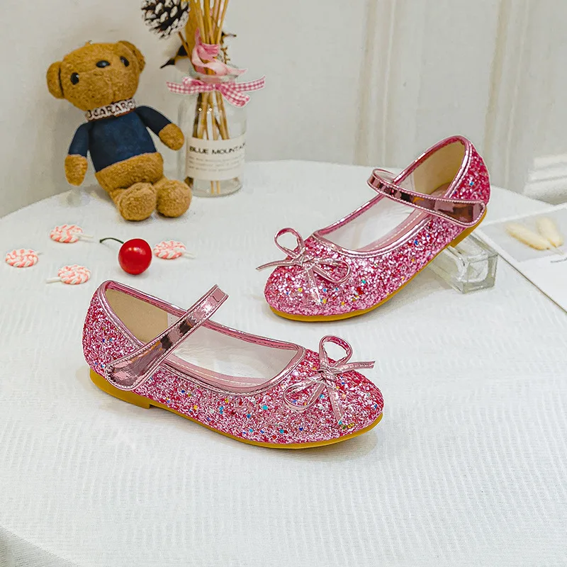 Brand Girl Shoe Autumn Sequins Dress for Girls Bow Princess Shoes Middle Large Child Flat Shoe Versatile Women Shoe Zapatos Niña