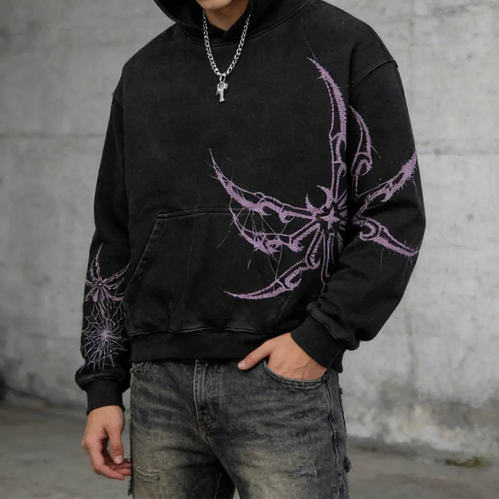 

Gothic Dark Style Purple Spider Web Vintage Washed Hoodie Loose High Street 2026 Fashion Personality Pullover Comfortable Top