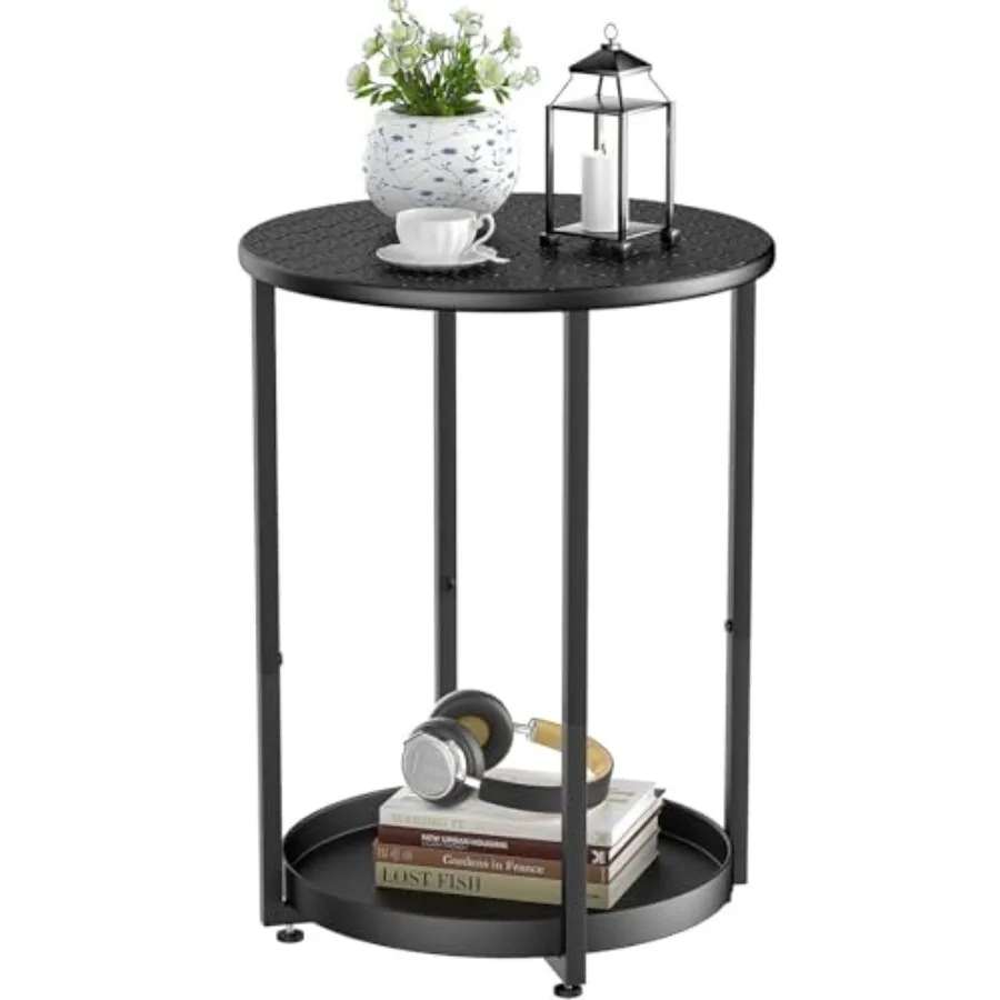

2 Tier Metal Round End Side Table with Storage Tray for Living Room Small Spaces Bedroom Balcony Black