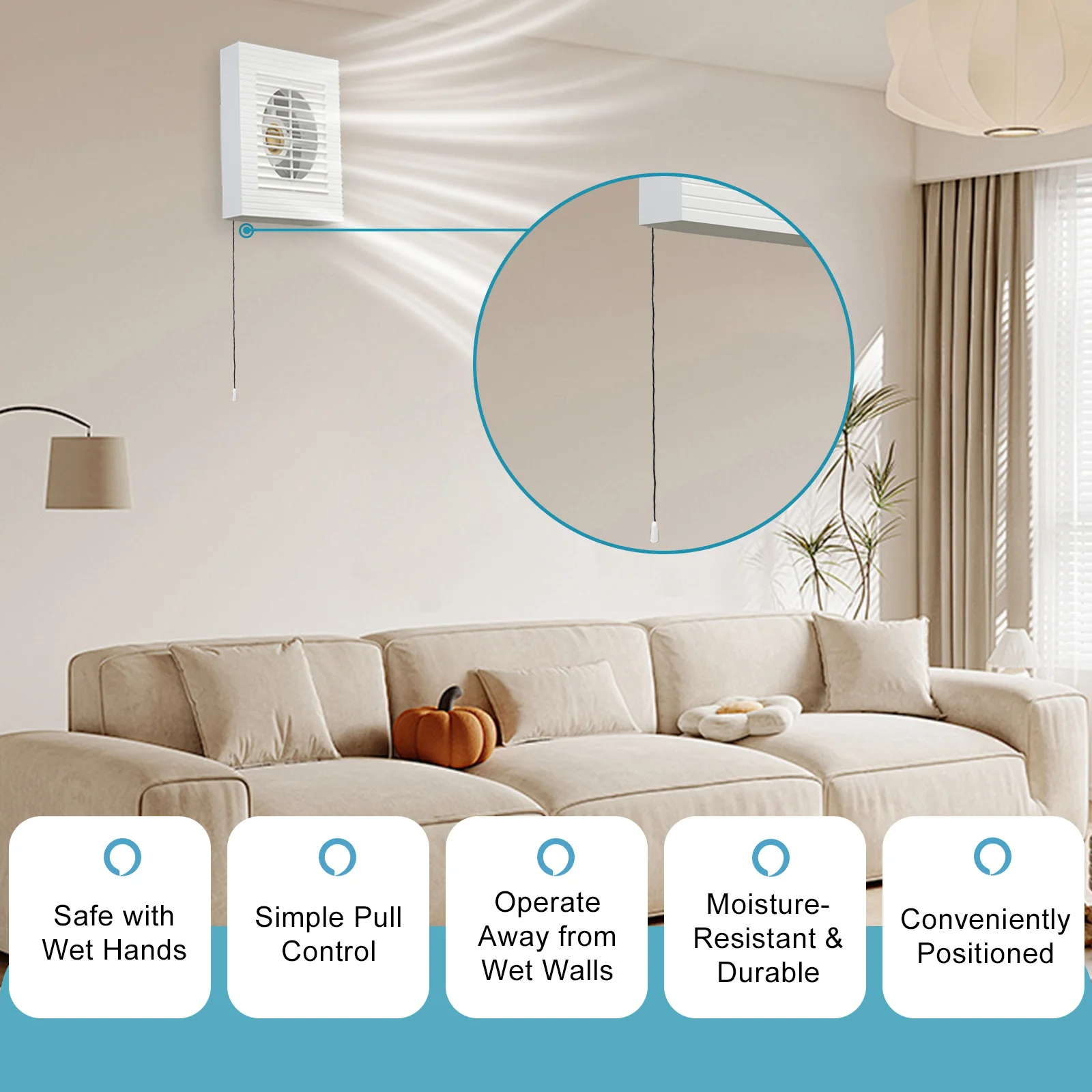 4/6/8 inch Ventilation Fan Pull Rope Switch with Automatic Venetian Blinds for Home Bathroom Room Kitchen Wall Mount Exhaust Fan
