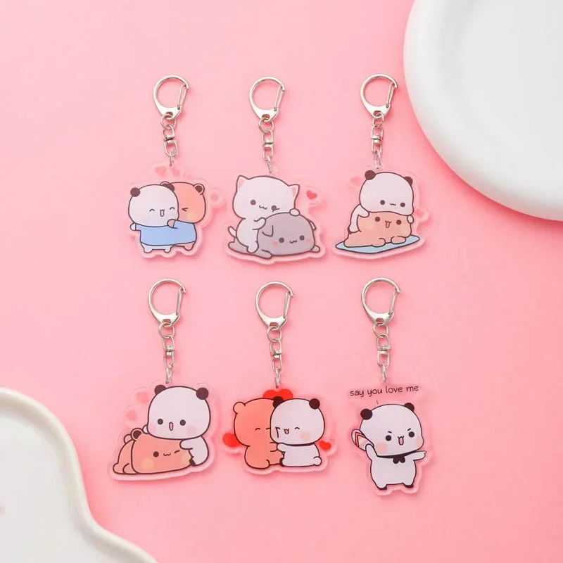 Bubu Dudu Keychains White and Grey Couple Bear Acrylic Keyring for Accessories Bag Pendant Key Chain Jewelry Fans Lovers Gifts