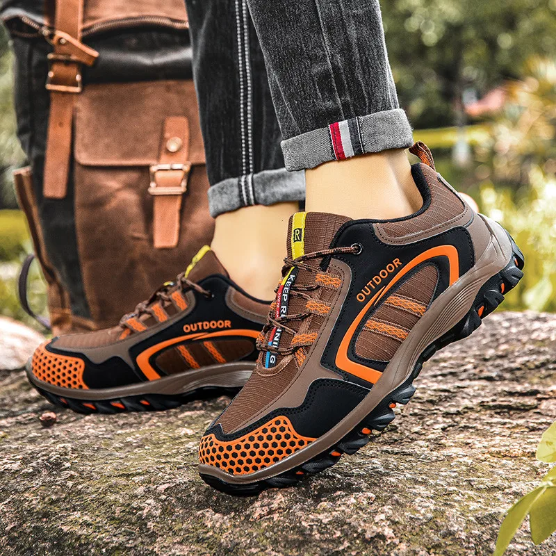 Tênis de caminhada antiderrapante leve para homens, marrom, respirável, trekking, caminhada, tênis ao ar livre, casual, tamanho grande 39-47