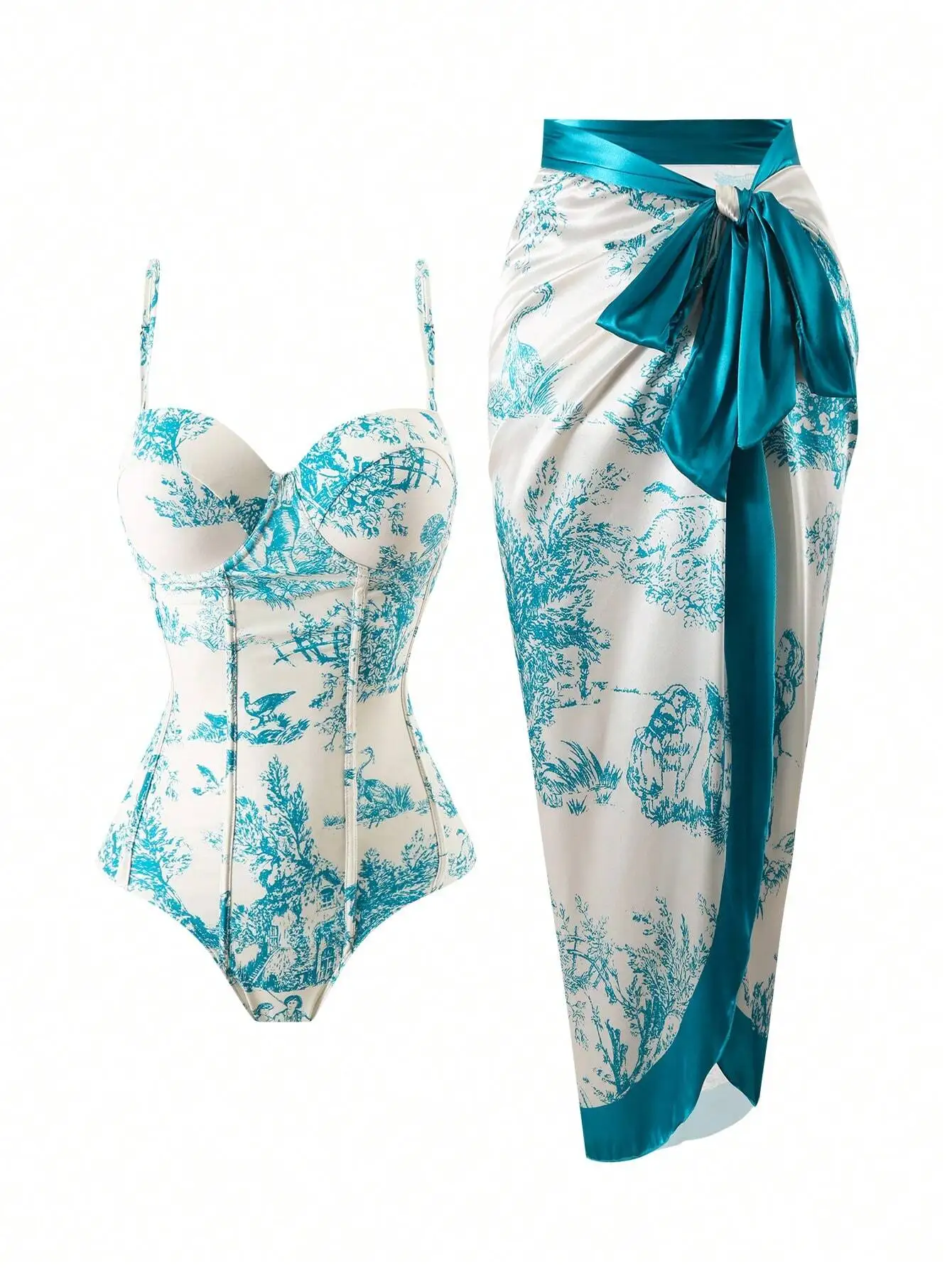 Vintage Toile Print One-Piece Swimsuit With Skirt, Conservative Coverage, Beach Spa Swimwear