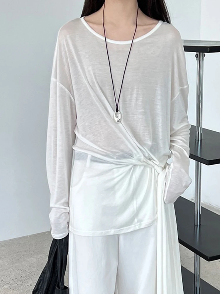 YERMORA White Bandage Brief Casual Thin T-Shirt For Women O-Neck Long Sleeve Loose New Tops Fashion Tide Spring Summer 2026