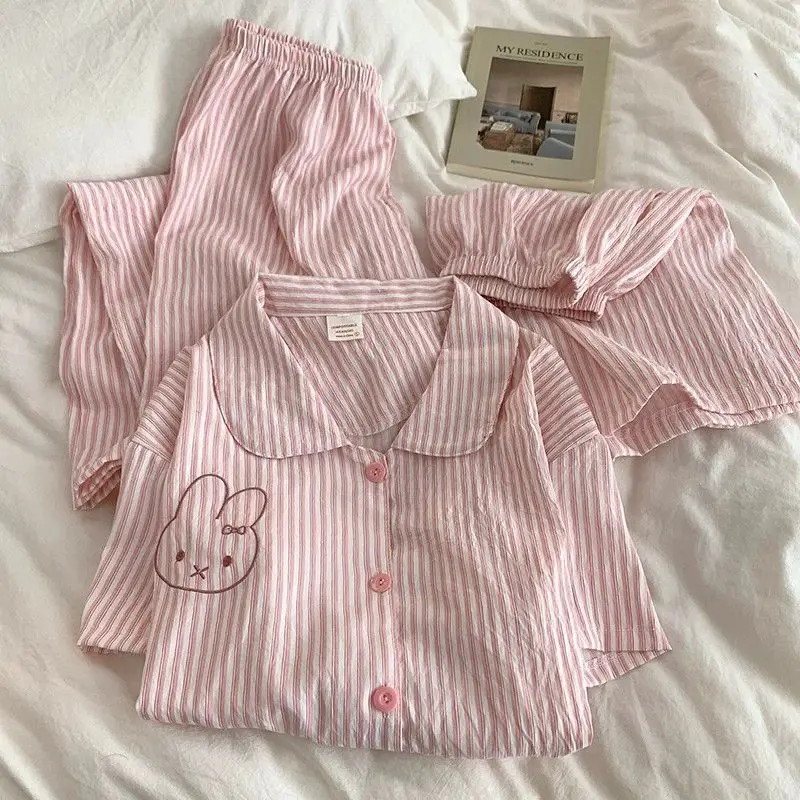 Cartoon Kawaii Pajamas Lady Yunduo Cotton New Style Pink Stripes Lounge Clothes Three Piece Set Thick Comfortable Simple Miffy