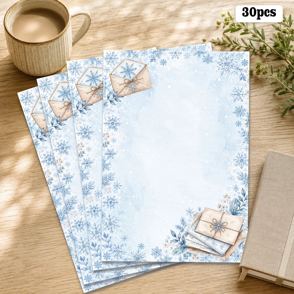 30 Sheets, B5, Ice Blue Snowflake Themed Writing Paper With Glasses, Lined, Unglued, Perfect For Notebooks, Memos, And Stickers