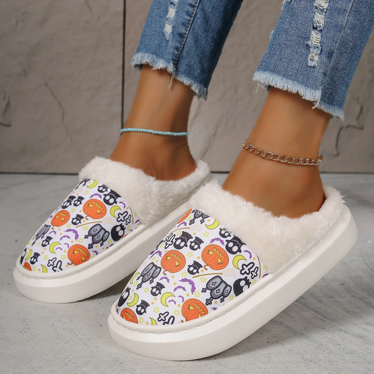 2024 New Halloween Pumpkin Skull Pattern Printed Strap Comfortable Home Cotton shoes