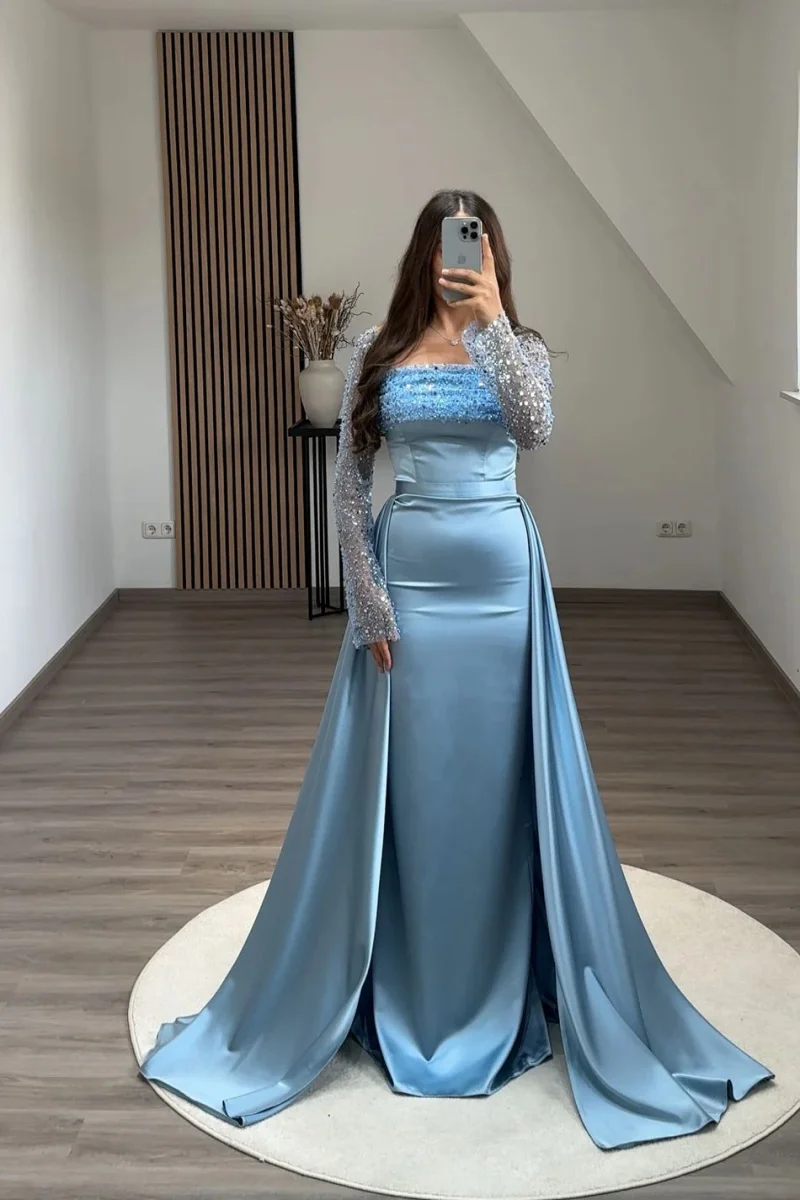 Jessica-Robe de mariée bleue claire pour dames, brodée, paillettes scintillantes, robes de Rharabes, sirène élégante, personnalisée