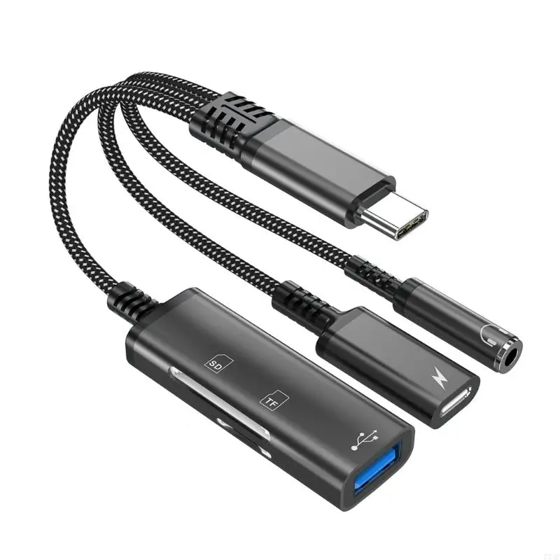 5 in 1 Fast Data Transfer USB C Splitter to USB C 3.5mm Headphone Sound Adapter /Memory/USB Card Reader for Keyboards 77JC