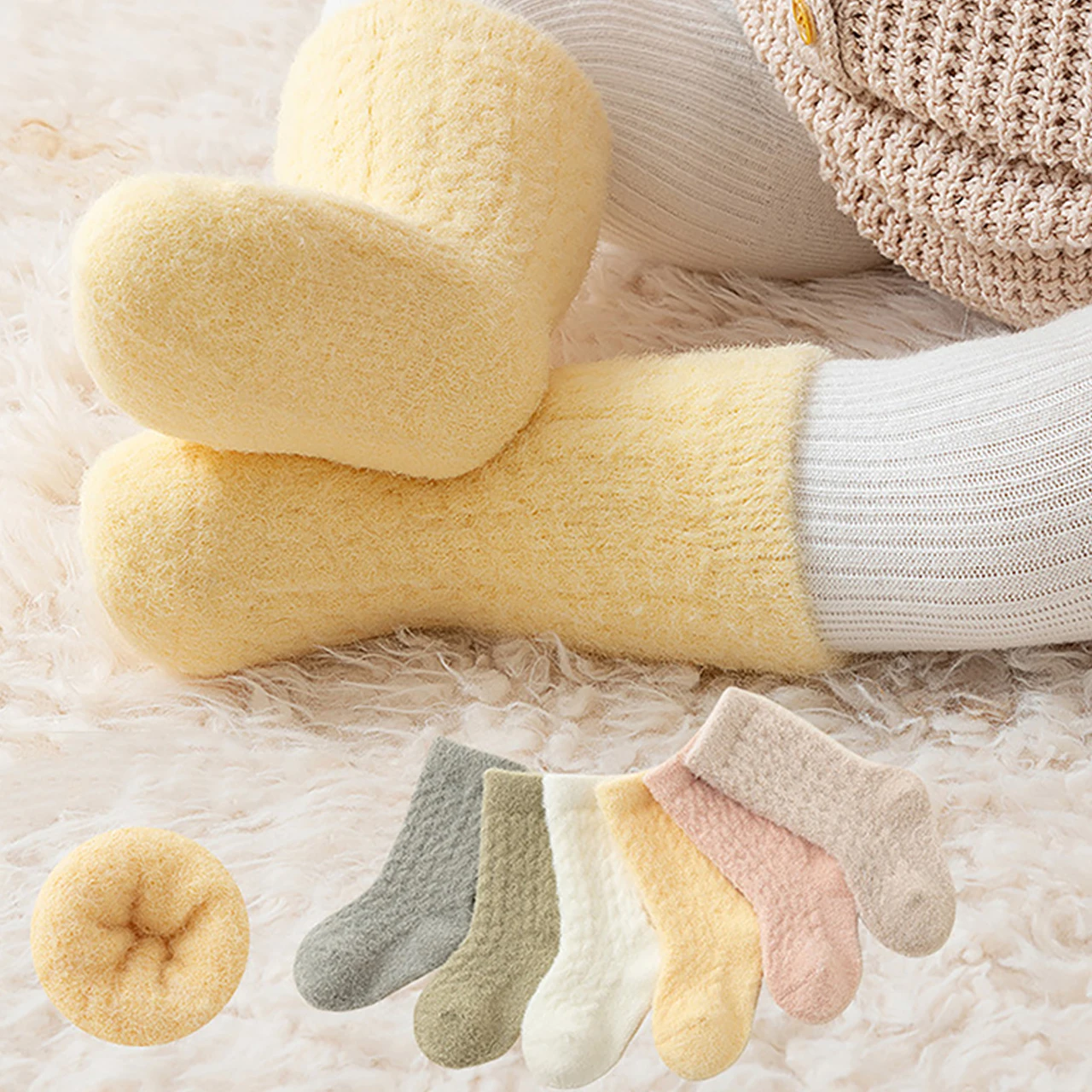 Thicken Fleece Newborn Mid-calf Socks Winter Warm Infant Plush Sock Solid Color Woolen Knit Scosk 0-1Year Kids Thermal Footwear