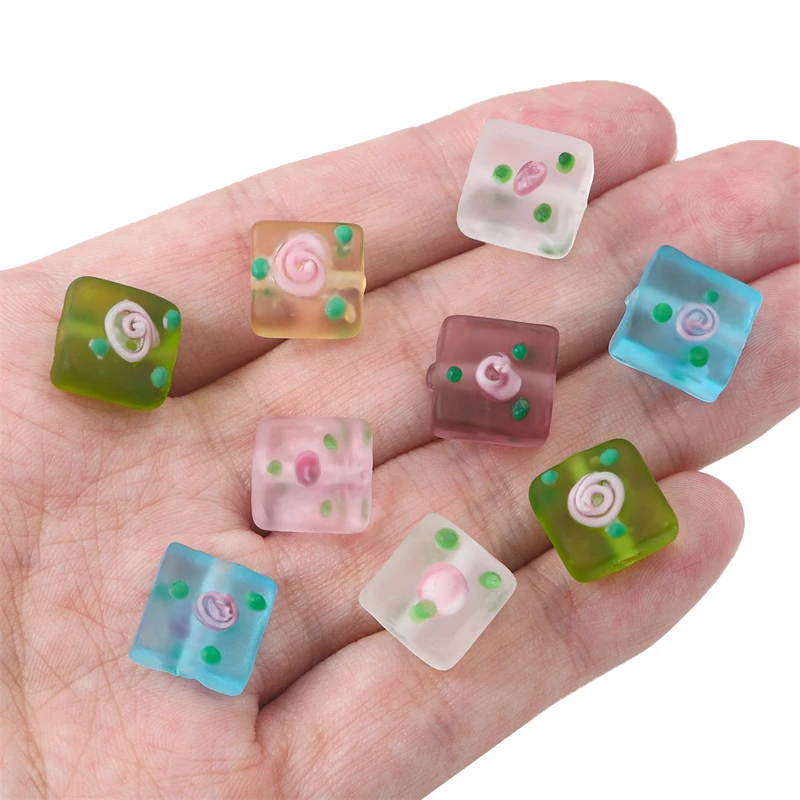 

2Pc Handmade 12mm Frosted Lampwork Glass Beads Flower Square Fashion Beads For Necklace Bracelet Earring DIY Jewelry Making