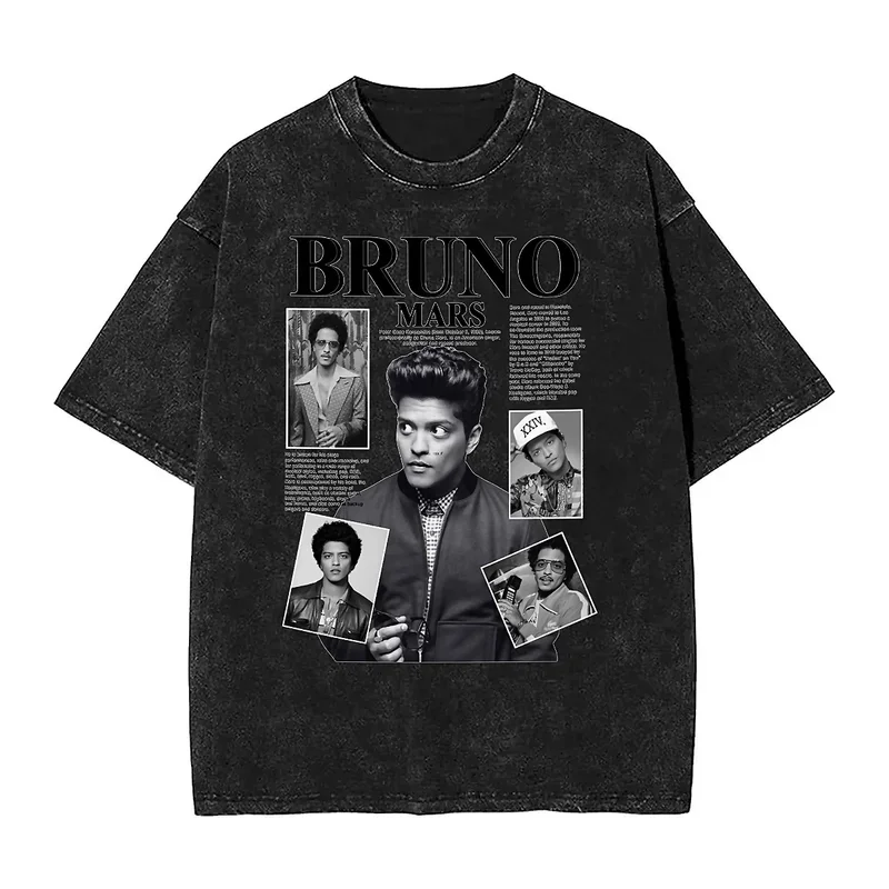 Streetwear Washed T-Shirt Bruno Pop Music Concert Cotton T-Shirts Mars American Singer Tee Shirt for Mens Summer Awesome Tops