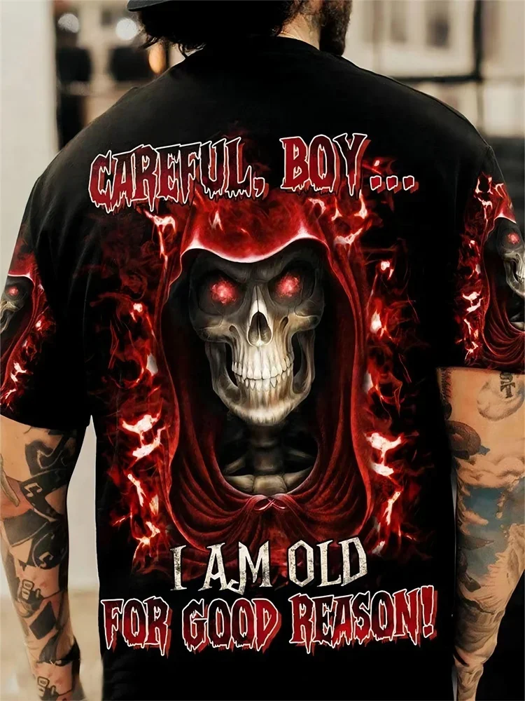 Vintage Grim Reaper Fire Skull Print T-Shirt 3D Letter Horror Gothic Style Short Sleeve Tops Summer Street Fashion T Shirts