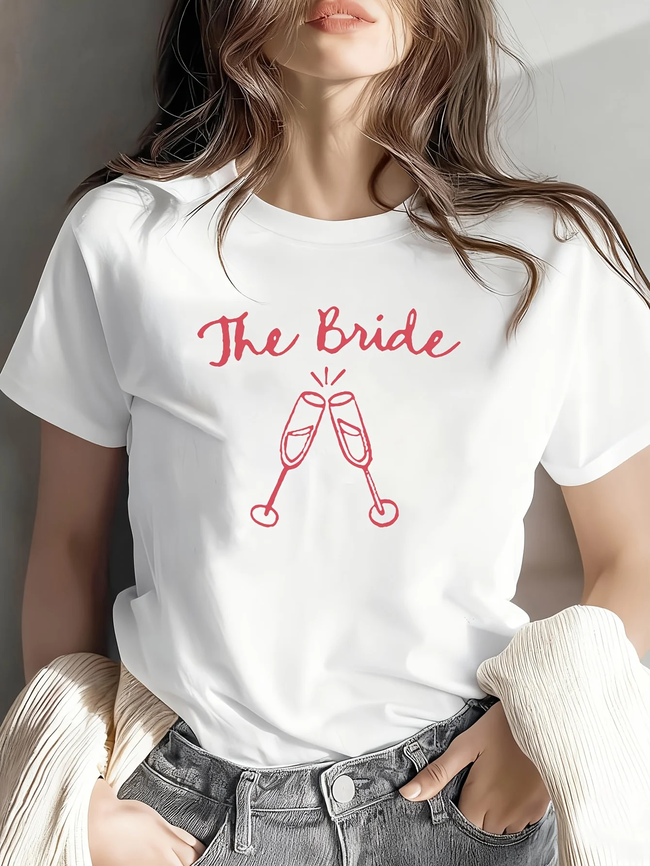 The Bride Champagne Cheers Graphic Print Short Sleeve Crew Neck Casual Top for Summer Spring Women'S Clothing Aesthetic Clothe