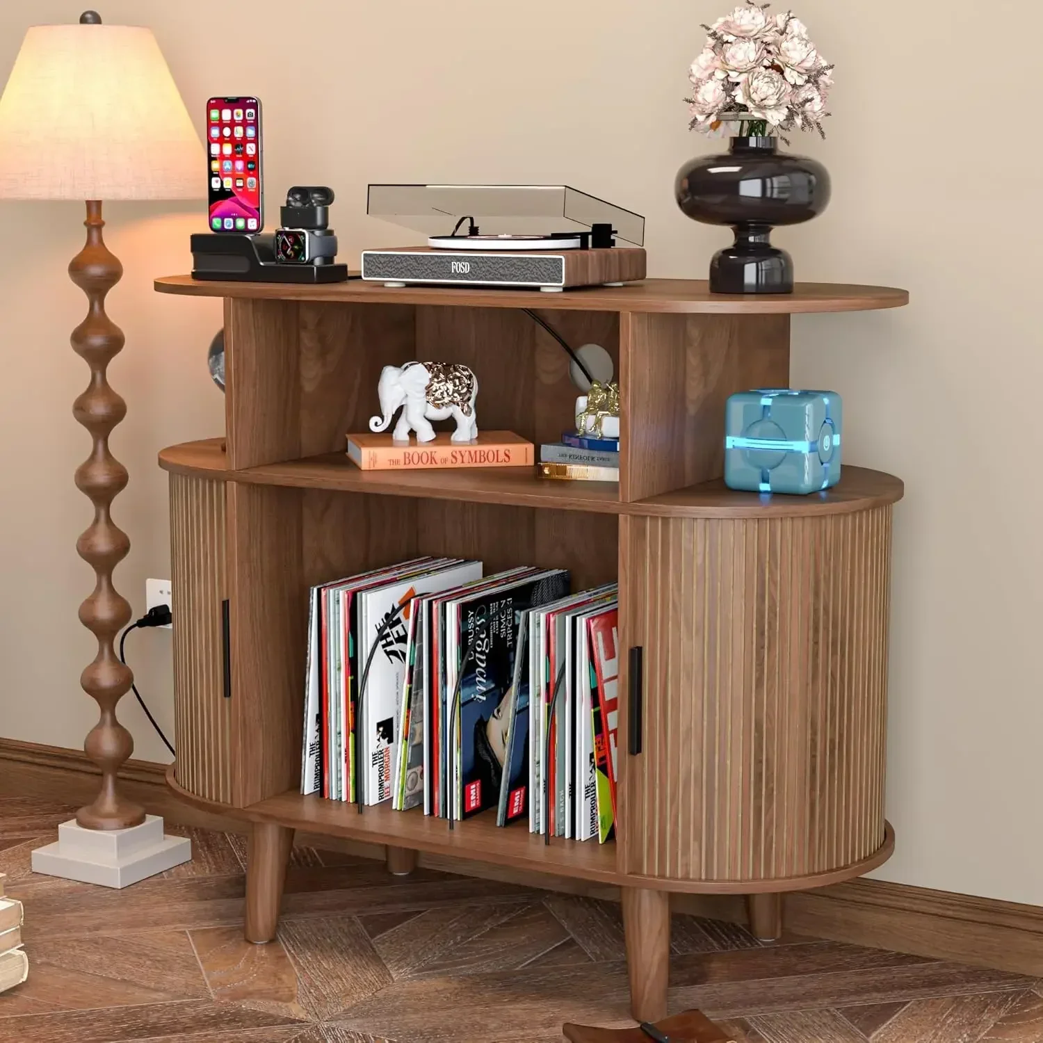 [شحن مجاني! صفقة ساخنة! ]حامل مشغل تسجيل دائري كبير مع قاعدة شحن ومنافذ USB لغرفة النوم وغرفة المعيشة (بني صغير)