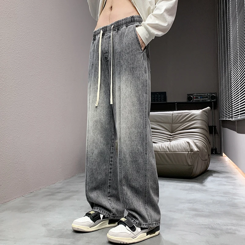 

Trendy American Sle Men's Jeans Loose Straight Leg Casual Long Trousers Retro Wide Leg Pants Versatile Dstring Cuff