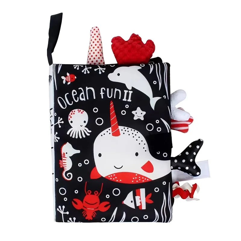 لعبة كتاب قماش ذيل الطفل، كتاب قماشي غير قابل للكسر، ورق صوت، التعليم المبكر، لغز أبيض وأسود، 0-3 سنوات