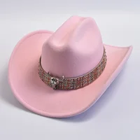 Sombrero de vaquero de estilo occidental para mujer, gorras de Jazz de ala ancha, Retro, Rosa