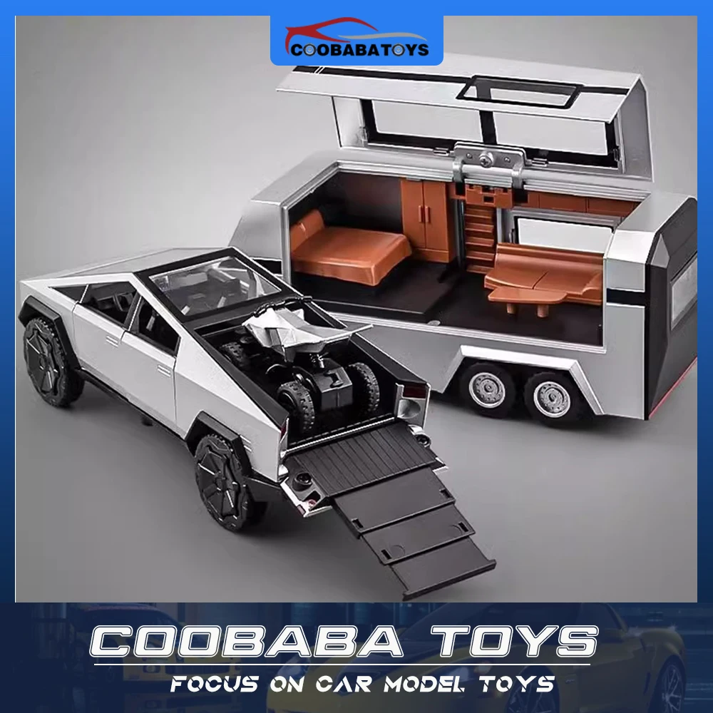 

Scale 1:32 Tesla Cybertruck Pickup Trailer RV Metal Alloy Toys Car Model Diecast Off-road Vehicle Gift For Boys Kids Collection