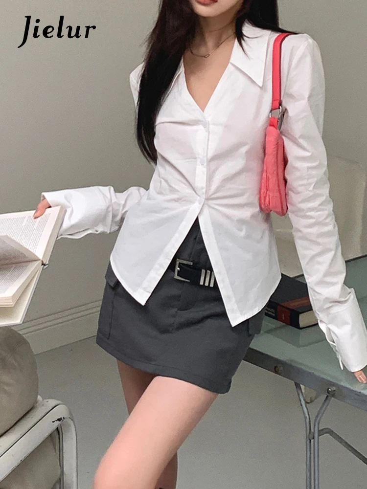 Jielur Spring Summer New Sexy Slim Women Shirt Solid Color Casual Fashion Loose Shirt Female White Basic Simple Shirt Woman