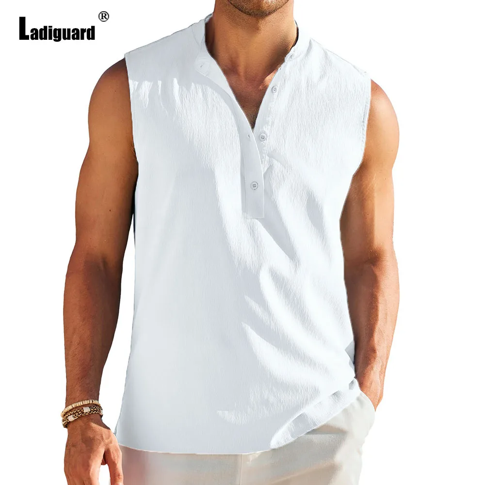 

Ladiguard Men Casual Buttons Up Shirt Clothing 2024 New Summer Beach Tops Men's Sleeveless Fashion Shirts Blouse White Black