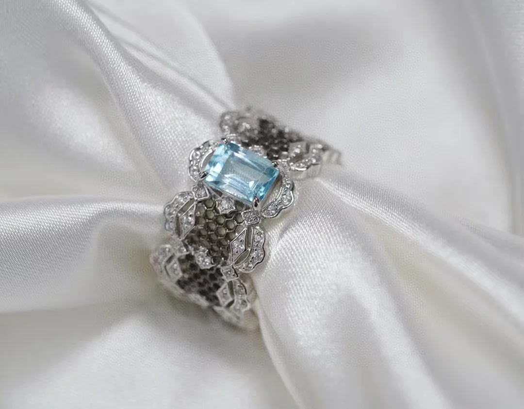 

Сертифицированное серебро 925 пробы, кружевное кольцо с натуральным топазом, черное золото, тюль, настоящий аквамарин, открытый браслет на палец, итальянские ювелирные изделия ручной работы