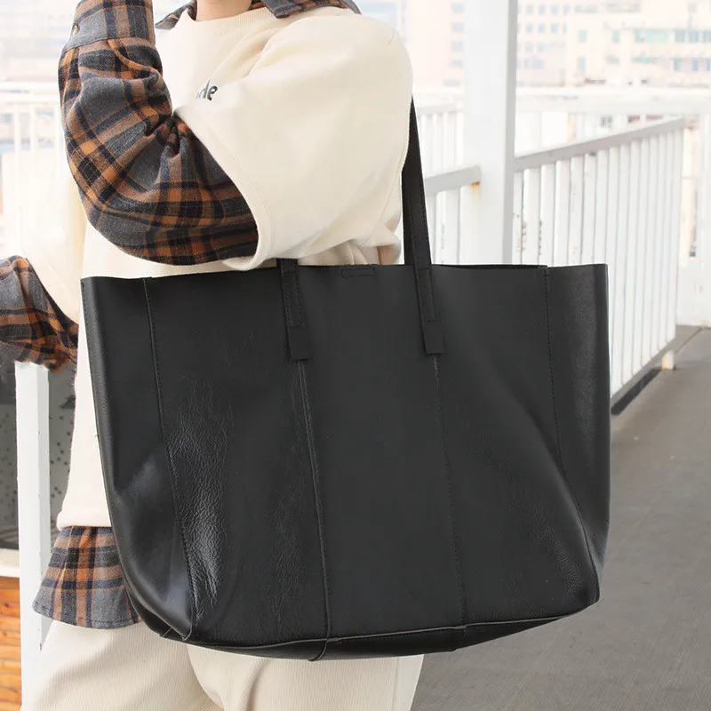 Large Women Tote Bag Genuine Leather Handbags Fashion Stitching Cowhide Daily Shoulder Shopping Bags Luxury Lady Hand Big Bag