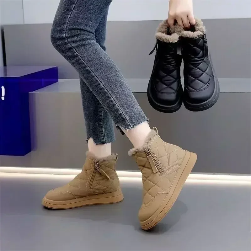 Damen Winter Plüschgefütterte Schneestiefel Rautenmuster Gestepptes Obermaterial Seitenreißverschluss Dicke Sohle Warme Rutschfeste Kurze Knöchelhohe Baumwollschuhe – Detail 5