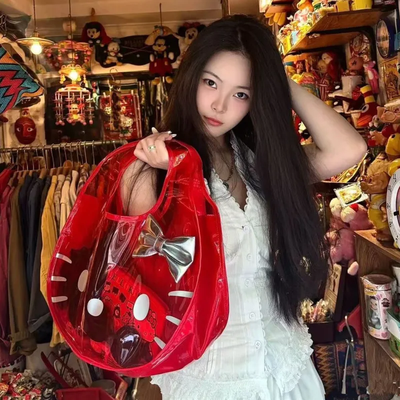 

Miniso прозрачная сумка-тоут Hellokitty Y2k, водонепроницаемая пляжная сумка из ПВХ, большая вместительная повседневная сумка для плавания, милая сумка для отдыха для девочек
