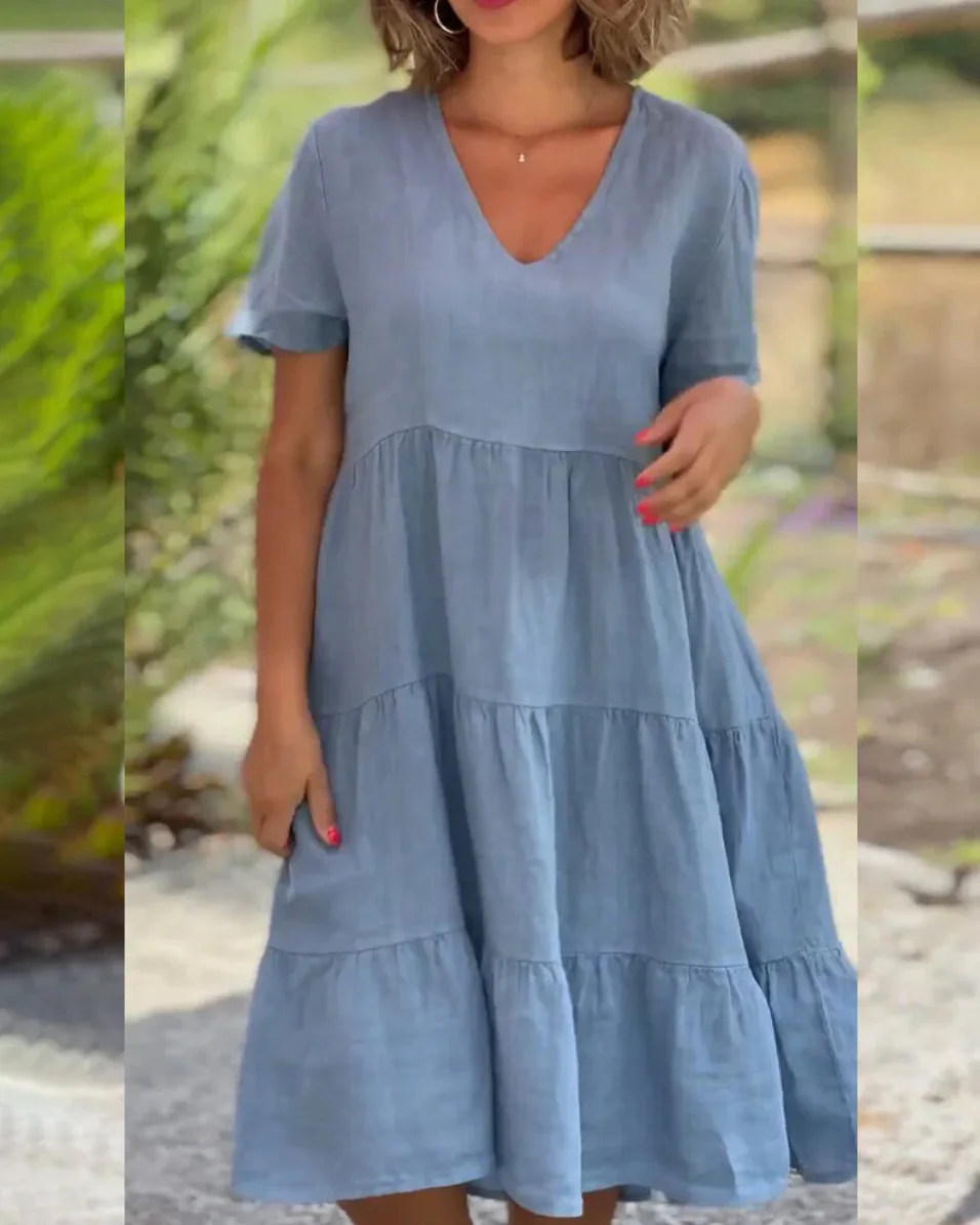 

Cotton Linen Casual Women's Dresses Summer Sweet Short Sleeve Solid V-neck Large Swing Loose Dress Vestidos Verano Mujer Платья