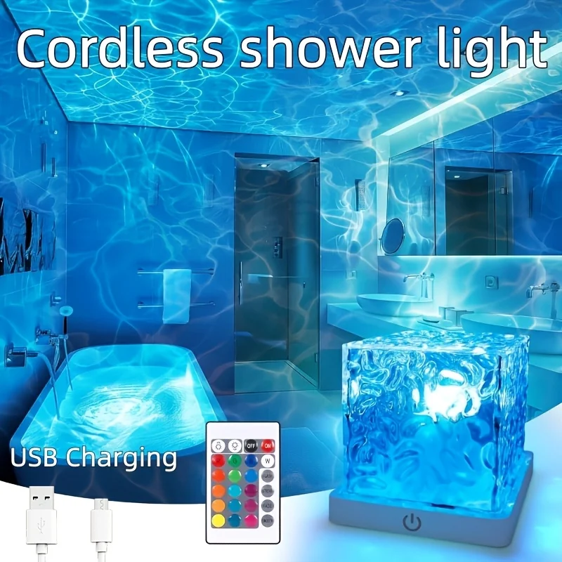 Rechargeable Shower Lamp, Bathroom Lamp with 16-Color Wave Projector Stepless Dimmable Cordless Atmosphere Bedroom Living Room