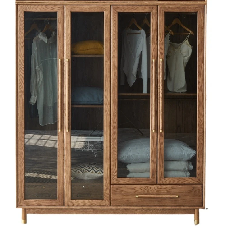 

Скандинавский шкаф со стеклянной дверью из цельного дерева, современный простой домашний шкаф для спальни, гардероб, шкаф для хранения с распашной дверью, шкаф