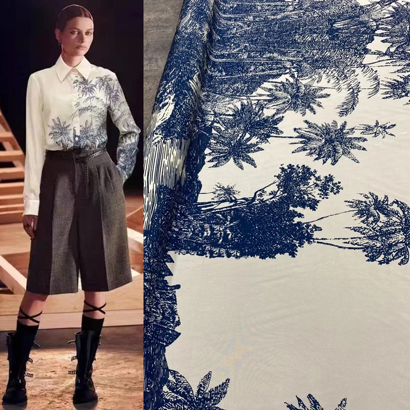 

French Fashion White Background Blue Coconut Tree Print Silk Crepe De Chine Cloth Blue White Porcelain Series High-grade Shirt