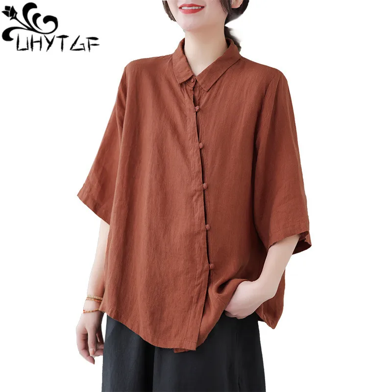 

UHYTGF Vintage Cotton Linen Shirt Women Short Sleeve Cardigan Spring Summer Blouses Female Literary Casual Thin Tops Ladies 2573