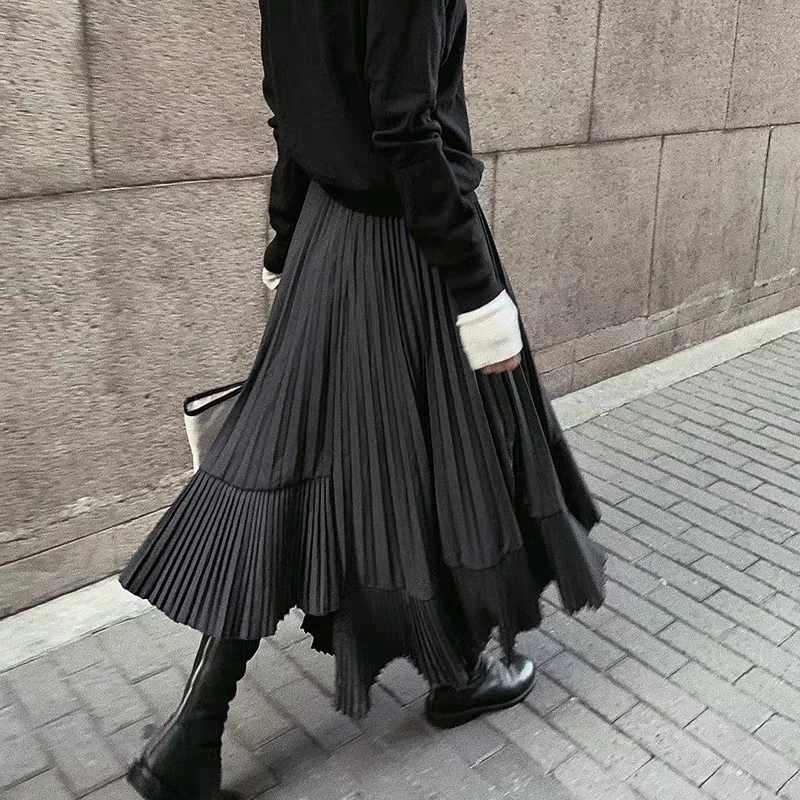 

2025 Fashion Autumn Women's Black Solid Color High Waist Pleated Casual Trendy Elegant Asymmetrical Ankle Length Skirts Female