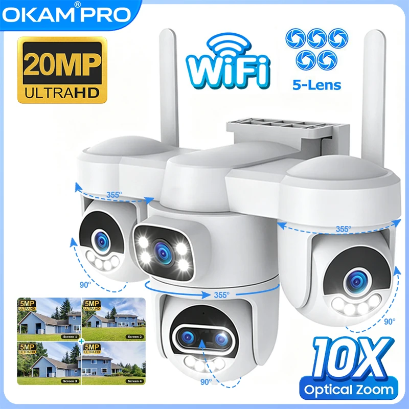 OKAM PRO Outdoor Security Camera 5 Lens HD 20MP 5G WIFI Camera Triple PTZ 10X Optical Zoom Mobile Tracking Night Vision IP CCTV