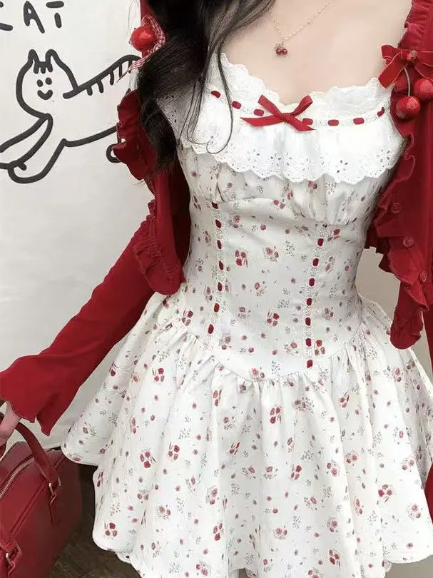 

Sweet And Spicy Style Floral Lace Trim Vest Dress Set Women's Spring Summer Long Sleeve Cherry Print Short Waist Cinched Skirt