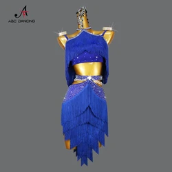 Niebieska sukienka do tańca latynoamerykańskiego Damski kostium do tańca towarzyskiego Party Stage Evening Clothes 2024 Sexy Dancewear Line Skirt Sports Suit Customized