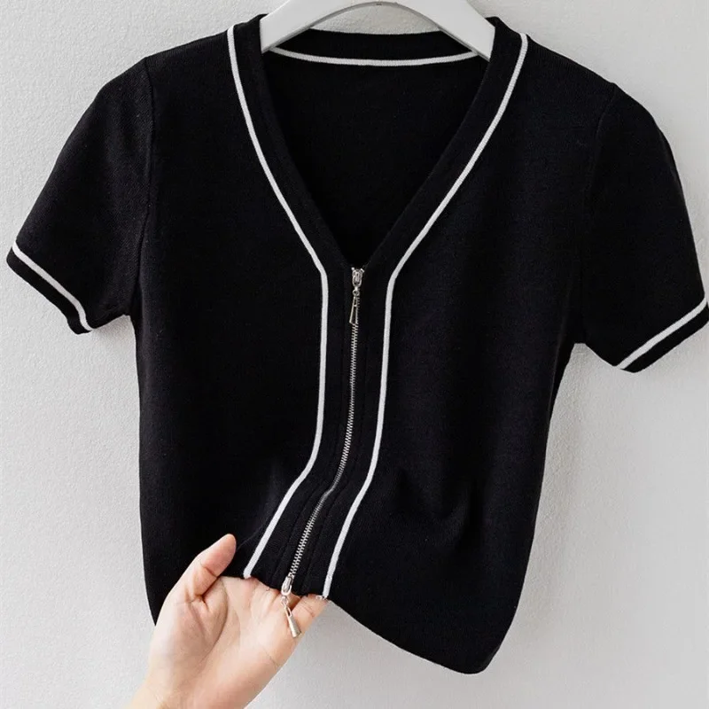 Summer Korean Simple Fashion Ice Silk Short Sleeve Knitted Cardigan Women's Panelled V-neck Zipper Small Fragrance Thin TopZT23