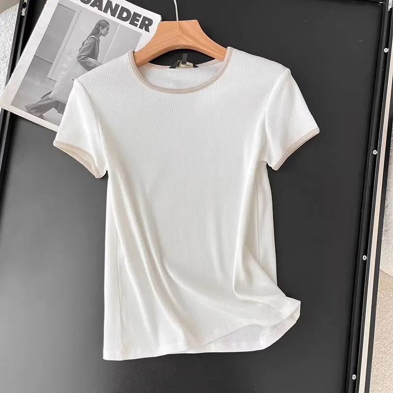 Maxdutti Round Neck Rbbed Knit Short Sleeved Top Summer Tshirt Woment Nordic Minimalist Color Coded Knitted T-shir