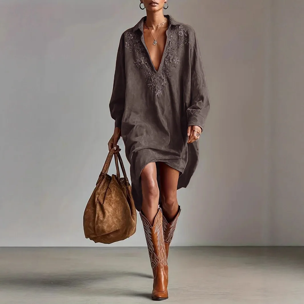 Fashion Embroidered Long Sleeve Short Shirt Dress Women 2025 Autumn Winter Flower Turn-down Collar Loose Mini Dresses Elegant