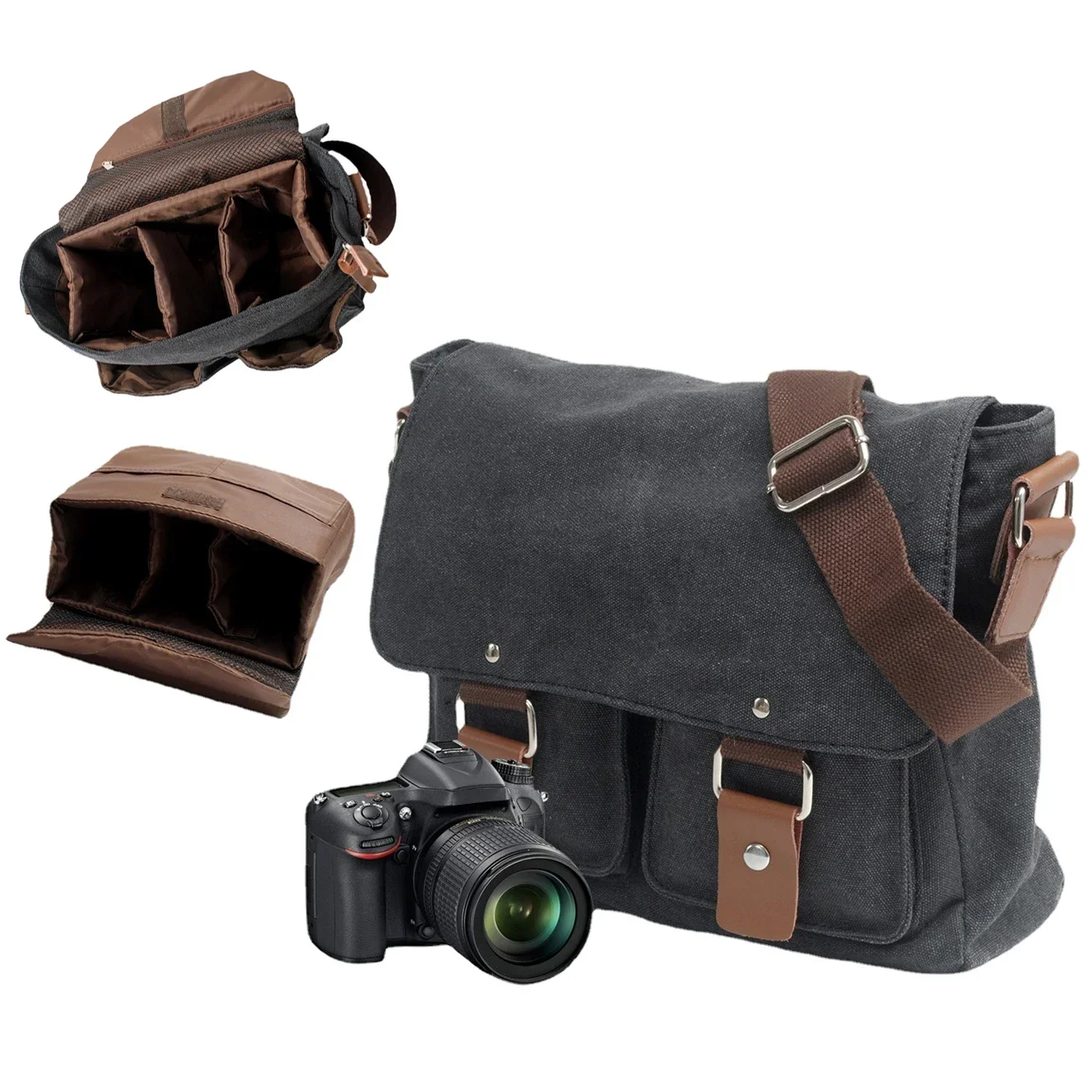 Retro Style Canvas Shoulder Bag Adjustable Foam Padded Interior Divided Multi-Pocket for Camera DSLR System Lenses Short Journey