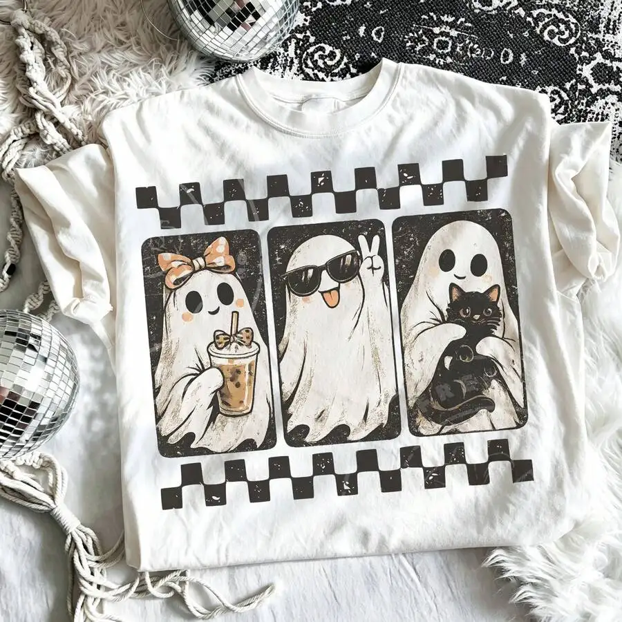 Women's Retro Checkerboard And Ghost Halloween Graphic Print T‑Shirt Crew Neck Short Sleeve Fall Casual Tee Top